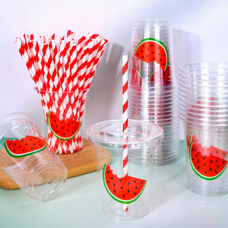 Whaline 50Pcs Watermelon Disposable Plastic Cups with Lids and Straws 12oz Party Cups Red Watermelon Cold Beverage Drinking Cups for Summer Fruit Birthday Party - Image 3