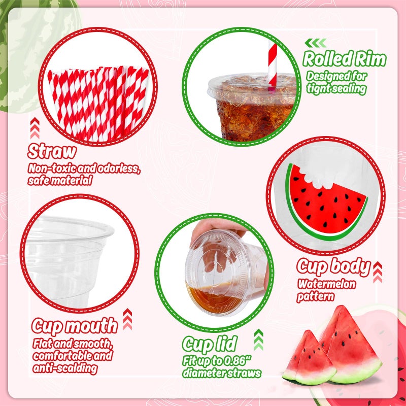Whaline 50Pcs Watermelon Disposable Plastic Cups with Lids and Straws 12oz Party Cups Red Watermelon Cold Beverage Drinking Cups for Summer Fruit Birthday Party - Image 2