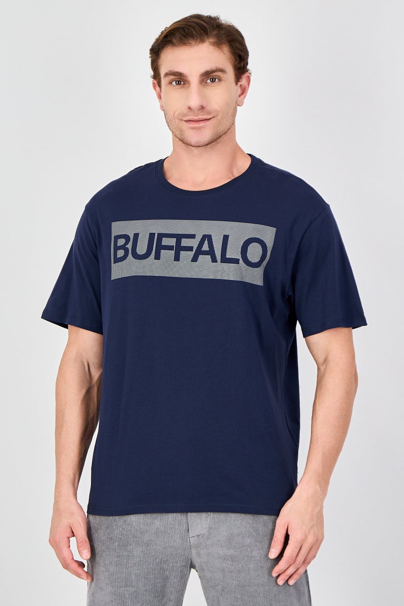 Buffalo Men Crew Neck Short Sleeve Brand Logo T-Shirt, Navy - Image 1