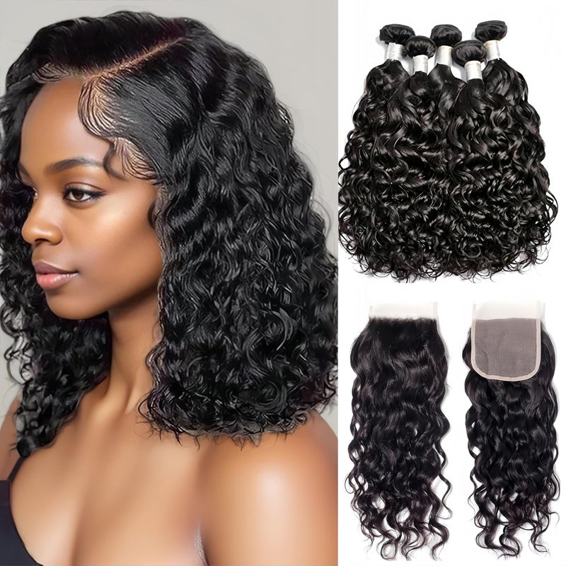 Czrleaty Brazilian Water Wave 5Bundles50gbundle with 4x4 Lace Closure Wet and Wavy Bundles With Closure Deep Curly Human Hair Bundles with Closure101010101010 