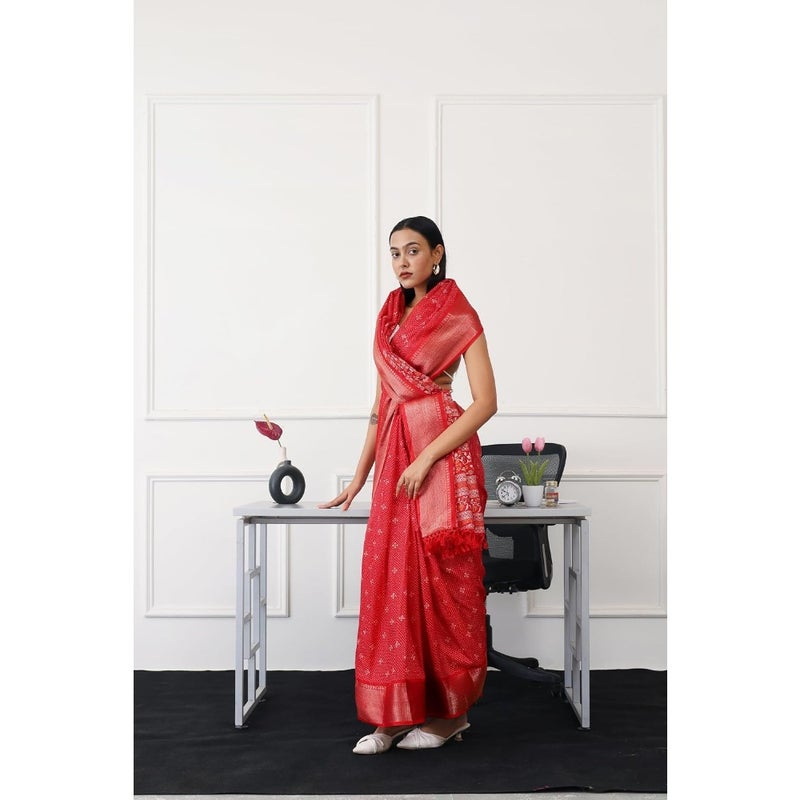 Womanista Women's Ready to wear red colored printed poly cotton saree TI6769_Red_Onesize - Image 3