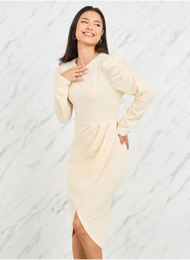 Styli Puff Sleeves Pleated Wrap Style Midi Dress