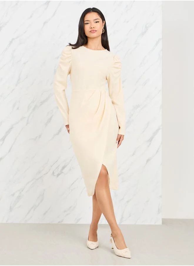 Styli Puff Sleeves Pleated Wrap Style Midi Dress