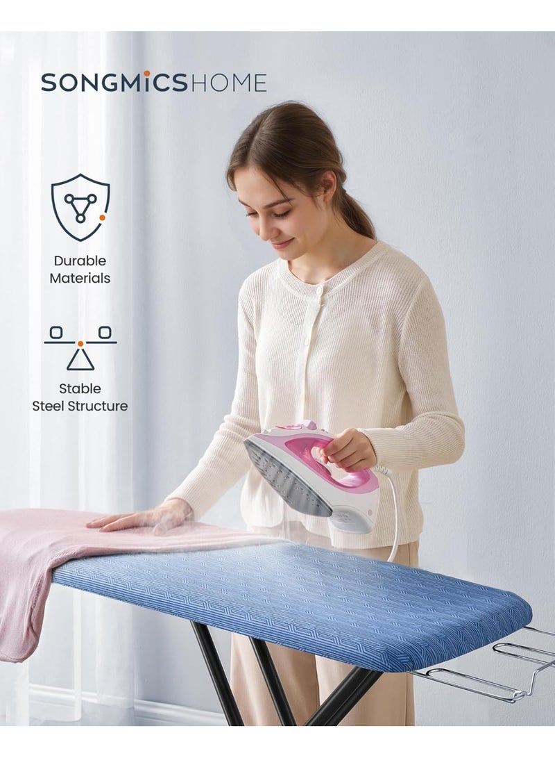 SONGMICS HOME طاولة كي، طاولة كي قابلة للطي، قابلة للتعديل حتى 35 بوصة، مع غطاء ووسادة مكونة من 4 طبقات، حامل مكواة، خطاف، أرجل X من الصلب، للاستخدام في المنزل، غرفة الغسيل، السكن الجامعي، أزرق منتصف الليل - Image 4