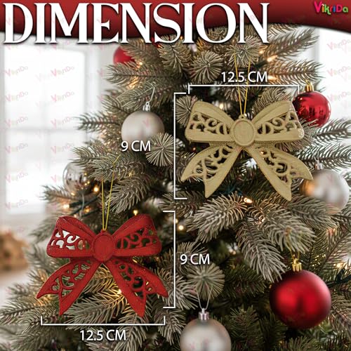 VikriDA Red & Gold Glitter Bow Christmas Ornaments (Set of 6) | Shimmer Hanging Decoration for Xmas Tree, Home & Party Décor - Image 3