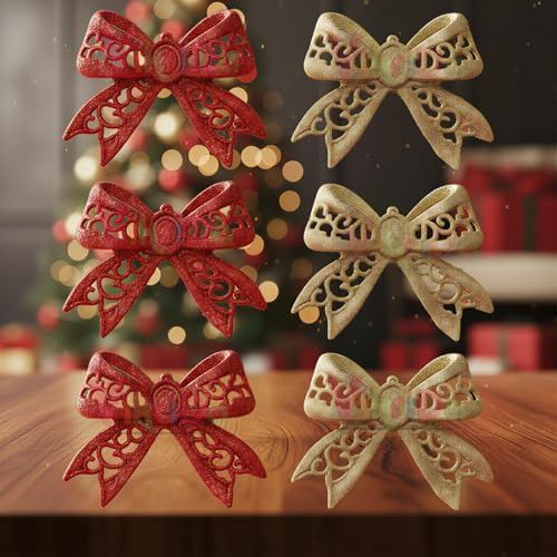 VikriDA Red & Gold Glitter Bow Christmas Ornaments (Set of 6) | Shimmer Hanging Decoration for Xmas Tree, Home & Party Décor - Image 2