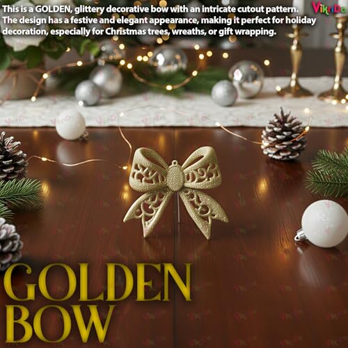 VikriDA Red & Gold Glitter Bow Christmas Ornaments (Set of 6) | Shimmer Hanging Decoration for Xmas Tree, Home & Party Décor - Image 4