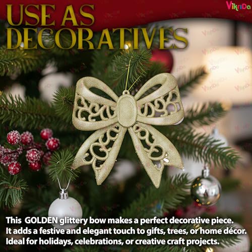 VikriDA Red & Gold Glitter Bow Christmas Ornaments (Set of 6) | Shimmer Hanging Decoration for Xmas Tree, Home & Party Décor - Image 5