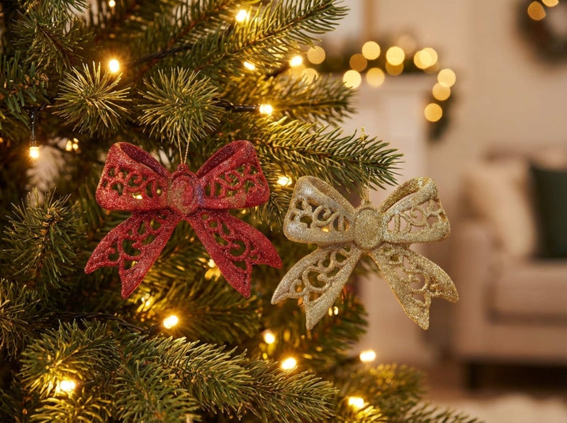 VikriDA Red & Gold Glitter Bow Christmas Ornaments (Set of 6) | Shimmer Hanging Decoration for Xmas Tree, Home & Party Décor - Image 1
