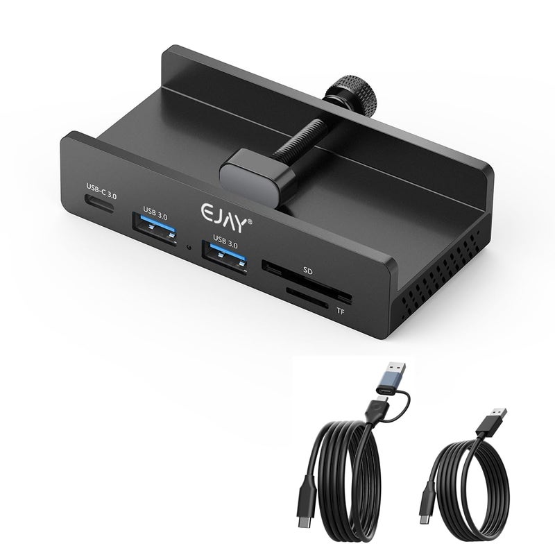 EJAY 5Ports USB3.0 HUB Alu Splitter Desktop Docking with Card Reader for Desk/Monitor Clipping with Extra Power Supply Port,59inches Data & 39inches Power Cable-5Gbps(BJ-2A1CTS-BK) - Image 1