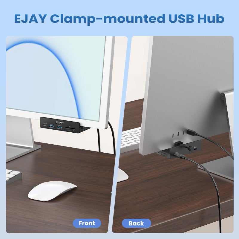 EJAY 5Ports USB3.0 HUB Alu Splitter Desktop Docking with Card Reader for Desk/Monitor Clipping with Extra Power Supply Port,59inches Data & 39inches Power Cable-5Gbps(BJ-2A1CTS-BK) - Image 2