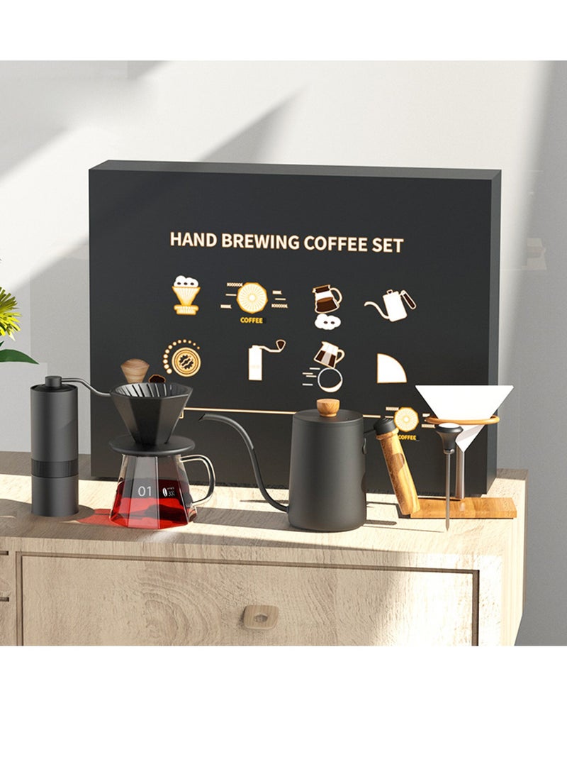 طقم قهوة احترافي فاخر مكون من 6 قطع V60 لصب القهوة، يتضمن مطحنة قهوة يدوية عالية الجودة وغلاية تقطير القهوة باللون الأسود - Image 3