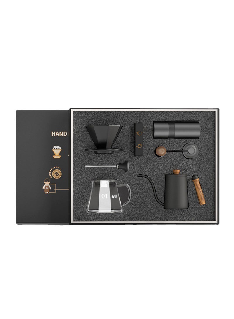 طقم قهوة احترافي فاخر مكون من 6 قطع V60 لصب القهوة، يتضمن مطحنة قهوة يدوية عالية الجودة وغلاية تقطير القهوة باللون الأسود - Image 1