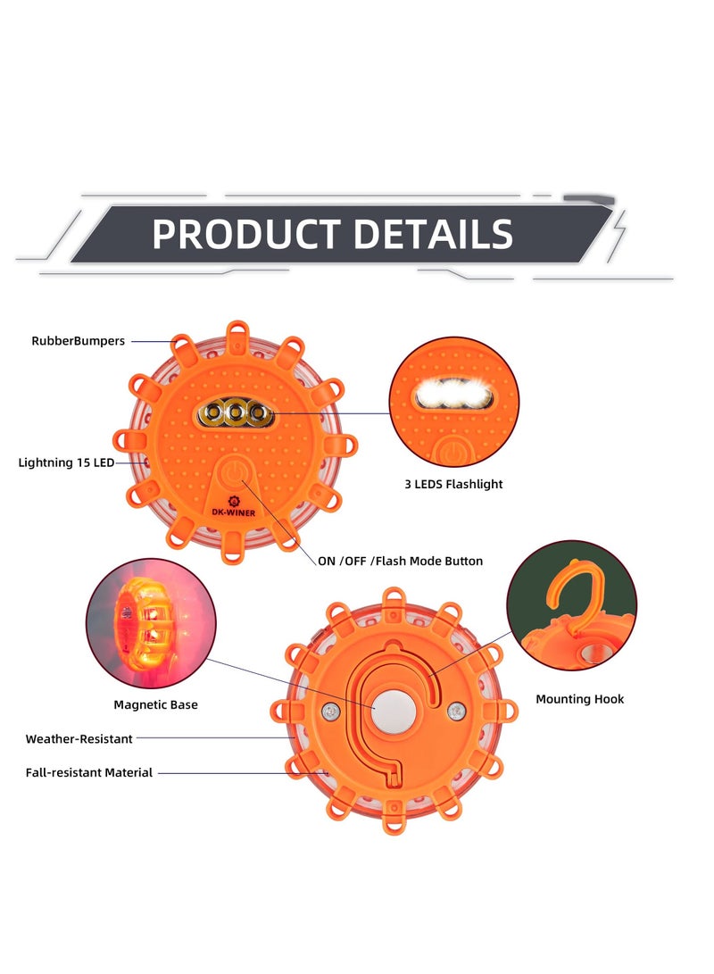 Loquat 3 Pack LED Road Flares Emergency Lights Roadside Safety Beacon Disc Flashing Warning Flare Kit, with Magnetic Base Hook for Car Truck Boats, 9 Flash Modes (Batteries Not Included) - Image 4