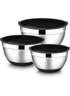 Uwals Mixing Bowls with Airtight Lids Set, 3PCS Stainless Steel Black Nesting Bowls, Kitchen Bowls with Non-Slip Bottoms, Size 30, 26, 22 CM for Mixing & Serving  - Image 1
