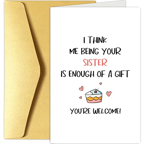 Chenive Funny Birthday Card from Sister, Cheeky Birthday Greeting Card for Brother, Cousin, I Think Me Being Your Sister is Enough of A Gift - Image 1