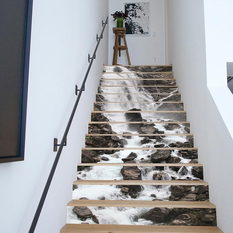 AM AMAONM Amaonm 13pcs 7 h x39 w Creative Decorative 3D Waterfall Mountain Water SelfAdhesive Stair Riser Decal  Stair Stickers Decals Wallpaper for Walls Kitchen Bathroom Stair Decals Home Decoration 