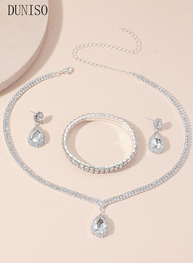 DUNISO 3Piece Necklace Bracelet and Earrings Set Full Diamond Necklace Pendant Crystal Earrings Wedding Bridal Bridesmaid Costume Jewelry Set for Women and Girls Dress Accessories - Image 3