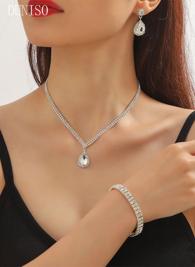 DUNISO 3Piece Necklace Bracelet and Earrings Set Full Diamond Necklace Pendant Crystal Earrings Wedding Bridal Bridesmaid Costume Jewelry Set for Women and Girls Dress Accessories - Image 4