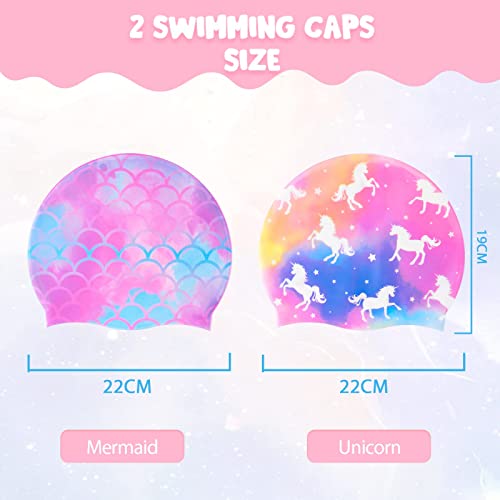 WAWSAM 2 Pack Kids Swim Cap Silicone Waterproof Swim Caps for Boys Girls (3-8 Years) Unicorn Mermaid Design Swimming Cap for Kids 3-8 Long and Short Hair - Image 2