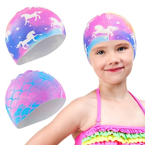 WAWSAM 2 Pack Kids Swim Cap Silicone Waterproof Swim Caps for Boys Girls (3-8 Years) Unicorn Mermaid Design Swimming Cap for Kids 3-8 Long and Short Hair - Image 1