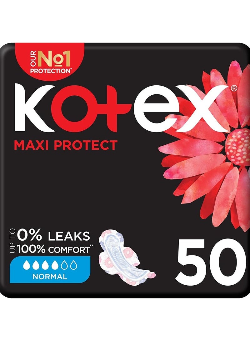 كوتكس 50 قطعة من وسادات Maxi Protect السميكة - الحجم العادي مع أجنحة لحماية متسقة!