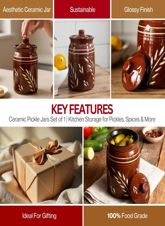 QIMACPLUS Ceramic Handmade Pickle Jar capicity 1000 ml With Lid, 1 Kg Achaar Martban | Ceramic Container Set for Kitchen Storage | Pottery Jars for Achar, Spices,Salt (Pack Of 1) brown cutting - Image 4