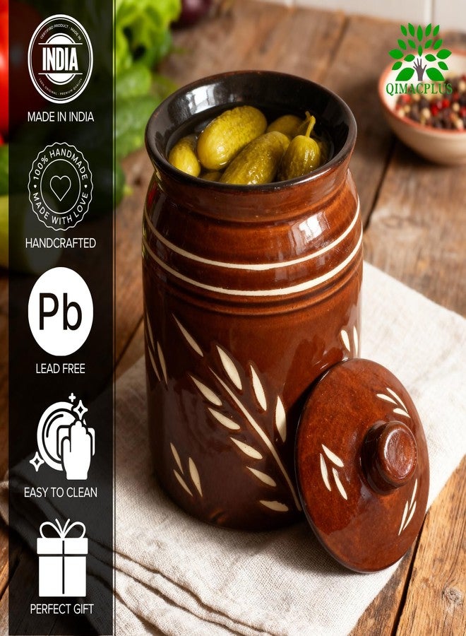 QIMACPLUS Ceramic Handmade Pickle Jar capicity 1000 ml With Lid, 1 Kg Achaar Martban | Ceramic Container Set for Kitchen Storage | Pottery Jars for Achar, Spices,Salt (Pack Of 1) brown cutting - Image 5