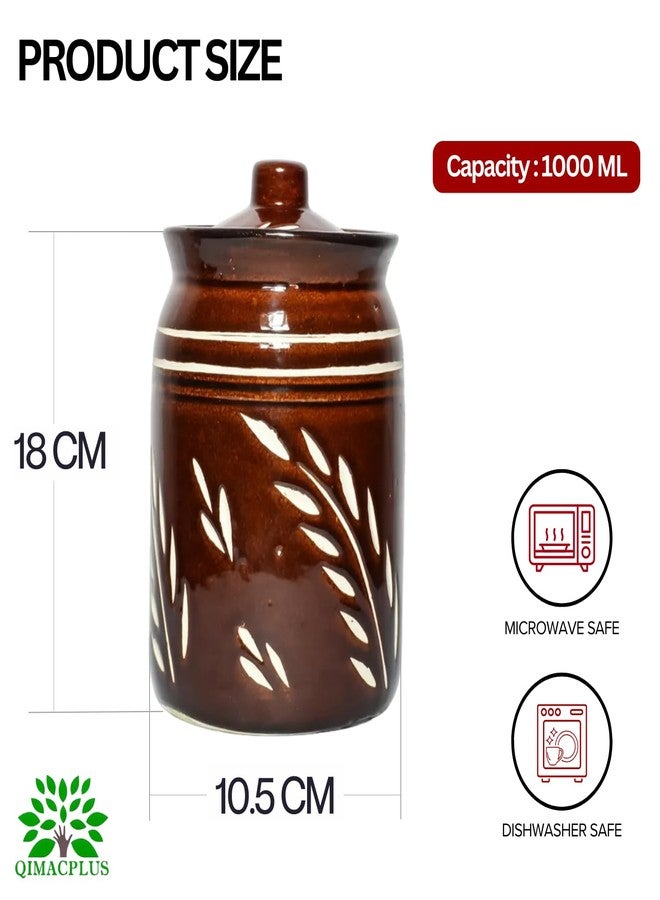QIMACPLUS Ceramic Handmade Pickle Jar capicity 1000 ml With Lid, 1 Kg Achaar Martban | Ceramic Container Set for Kitchen Storage | Pottery Jars for Achar, Spices,Salt (Pack Of 1) brown cutting - Image 2