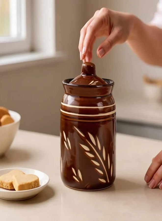 QIMACPLUS Ceramic Handmade Pickle Jar capicity 1000 ml With Lid, 1 Kg Achaar Martban | Ceramic Container Set for Kitchen Storage | Pottery Jars for Achar, Spices,Salt (Pack Of 1) brown cutting - Image 1