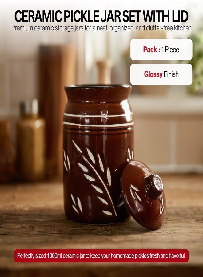 QIMACPLUS Ceramic Handmade Pickle Jar capicity 1000 ml With Lid, 1 Kg Achaar Martban | Ceramic Container Set for Kitchen Storage | Pottery Jars for Achar, Spices,Salt (Pack Of 1) brown cutting - Image 3