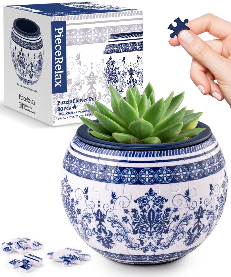 PieceRelax 3D Puzzle Planter - Classic Ornamental Style - Small Round Plant Pots with Drainage, Home Decor Flower Pots for Indoor Cactus, Succulents Pots [K1103] - Image 1