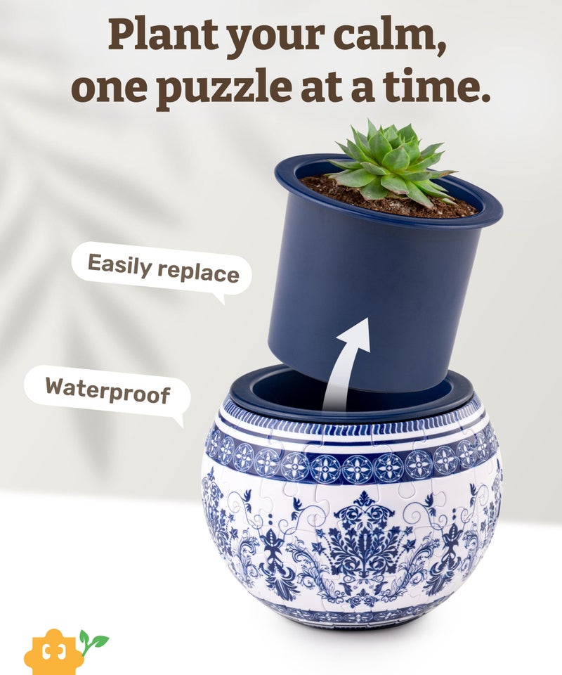 PieceRelax 3D Puzzle Planter - Classic Ornamental Style - Small Round Plant Pots with Drainage, Home Decor Flower Pots for Indoor Cactus, Succulents Pots [K1103] - Image 5