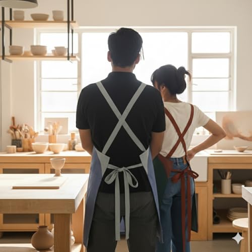 RUSTIQUE LINENS Crossback Apron – Stylish Cotton Apron with Rip Stop Weave, Waterproof & Breathable Membrane, Durable Tear Resistant, Chef, Kitchen, BBQ, Workshop & Gardening Apron-Mist Blue - Image 2