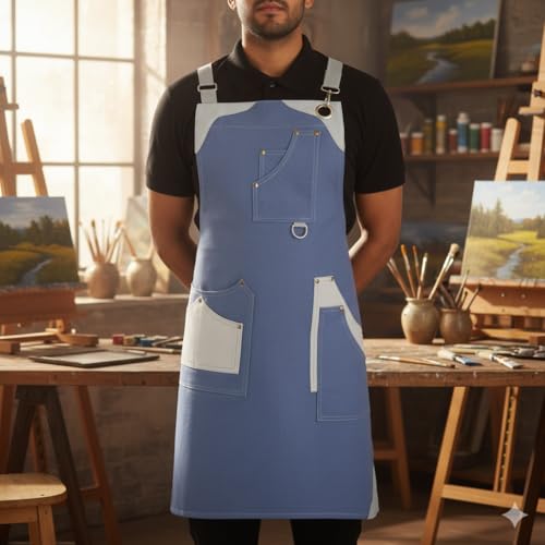 RUSTIQUE LINENS Crossback Apron – Stylish Cotton Apron with Rip Stop Weave, Waterproof & Breathable Membrane, Durable Tear Resistant, Chef, Kitchen, BBQ, Workshop & Gardening Apron-Mist Blue - Image 3
