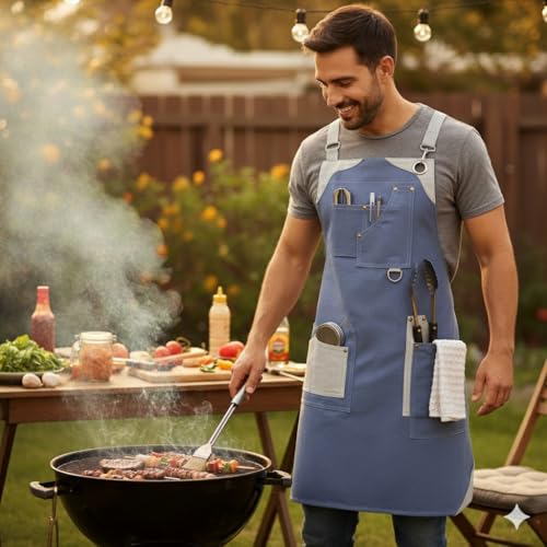 RUSTIQUE LINENS Crossback Apron – Stylish Cotton Apron with Rip Stop Weave, Waterproof & Breathable Membrane, Durable Tear Resistant, Chef, Kitchen, BBQ, Workshop & Gardening Apron-Mist Blue - Image 4