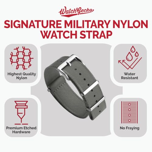 WatchGecko Swiss Quality Signature Military Nylon Watch Strap. Nylon Mens Replacement Watch Band. Rugged, Quick-Drying and Secure Wristwatch Strap for Outdoor Activities. Grey, 20 mm - Image 2