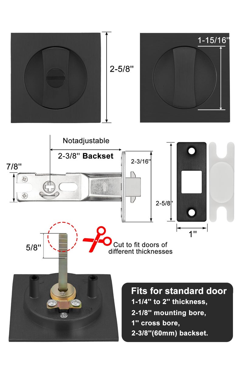goldenwarm Matte Black Pocket Door Lock, Zinc Alloy Black Pocket Door Hardware(2-3/8" Backset), Pocket Door Handles Square Pocket Door Locks for Bathroom for Closet Door Lock- 1 Pack - Image 4