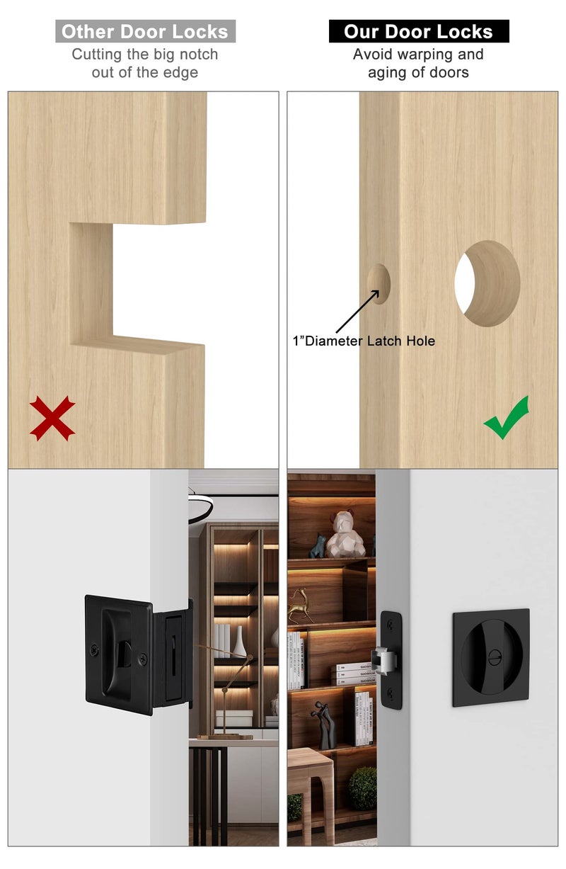 goldenwarm Matte Black Pocket Door Lock, Zinc Alloy Black Pocket Door Hardware(2-3/8" Backset), Pocket Door Handles Square Pocket Door Locks for Bathroom for Closet Door Lock- 1 Pack - Image 3