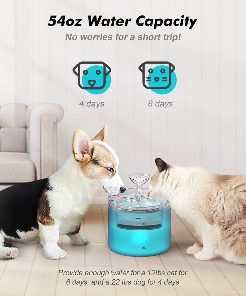 NPET WF100 Cat Foutain, 54oz/1.6L Automatic Pet Water Fountain Dog Water Dispenser with 2 Flow Modes, Bottom Suction LED Light Quiet Pump for for Cats & Small Dogs - Image 3