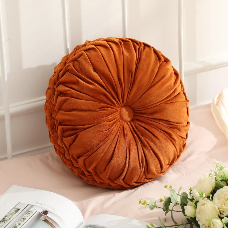 Drydiet 1 Pcs Round Throw Velvet Pillows Decorative Pleated Throw Pillows Diameter Accent Pumpkin Boho Chair Cushion for Couch Sofa Home Decoration Brunt Orange15 - Image 2