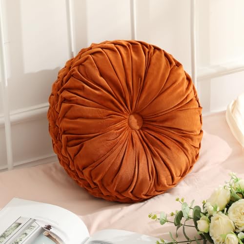 Drydiet 1 Pcs Round Throw Velvet Pillows Decorative Pleated Throw Pillows Diameter Accent Pumpkin Boho Chair Cushion for Couch Sofa Home Decoration Brunt Orange15 - Image 1