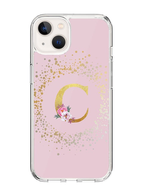 Classic Clear Case For iPhone 15 Plus, Hybrid Soft Case Flexible Edges Thin Cover- Custom Monogram Initial Letter Floral Pattern Alphabet - C (Pink)