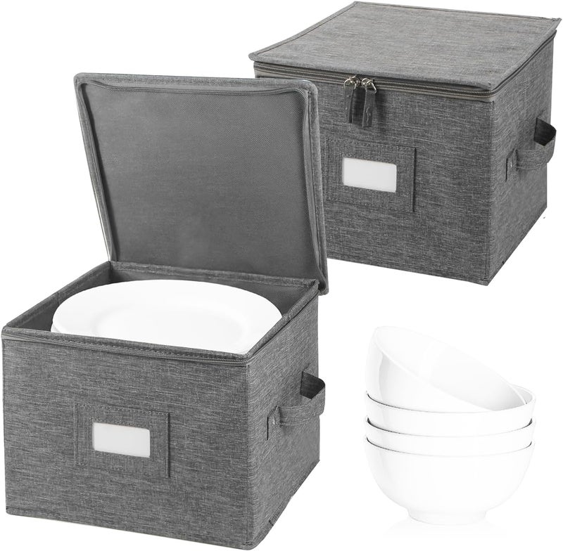 popoly China Storage Container for Bowls or Dessert Plates 85 W x 6 H Plate Storage Case with 24 Felt Dividers Hard Shell and Stackable 2 Pack Grey - Image 1