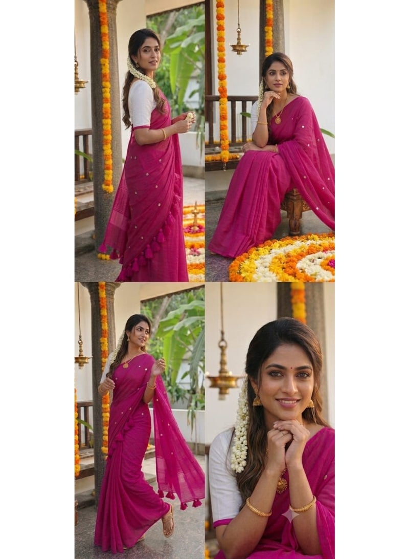 Dark rani pink khadi cotton saree, featuring delicate tassels and subtle mirror work on the pallu. "Crafted for special occasions, this saree exudes elegance and charm, making it an ideal choice for weddings and festive gatherings." - Image 2