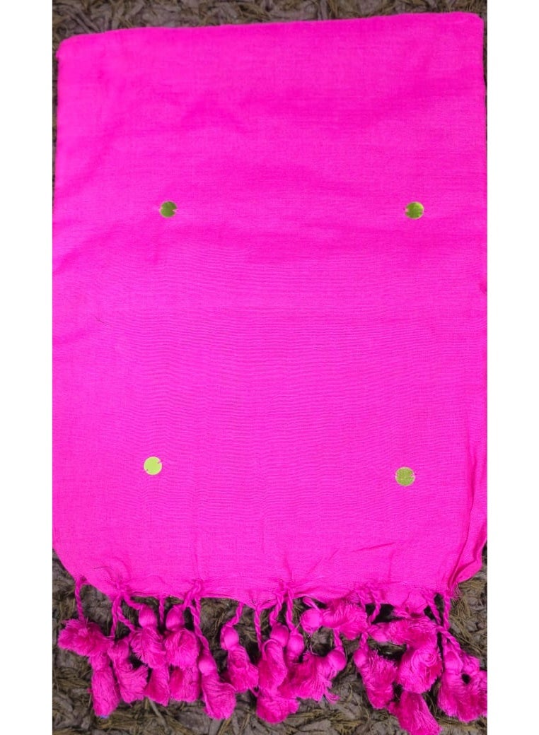 Dark rani pink khadi cotton saree, featuring delicate tassels and subtle mirror work on the pallu. "Crafted for special occasions, this saree exudes elegance and charm, making it an ideal choice for weddings and festive gatherings." - Image 3