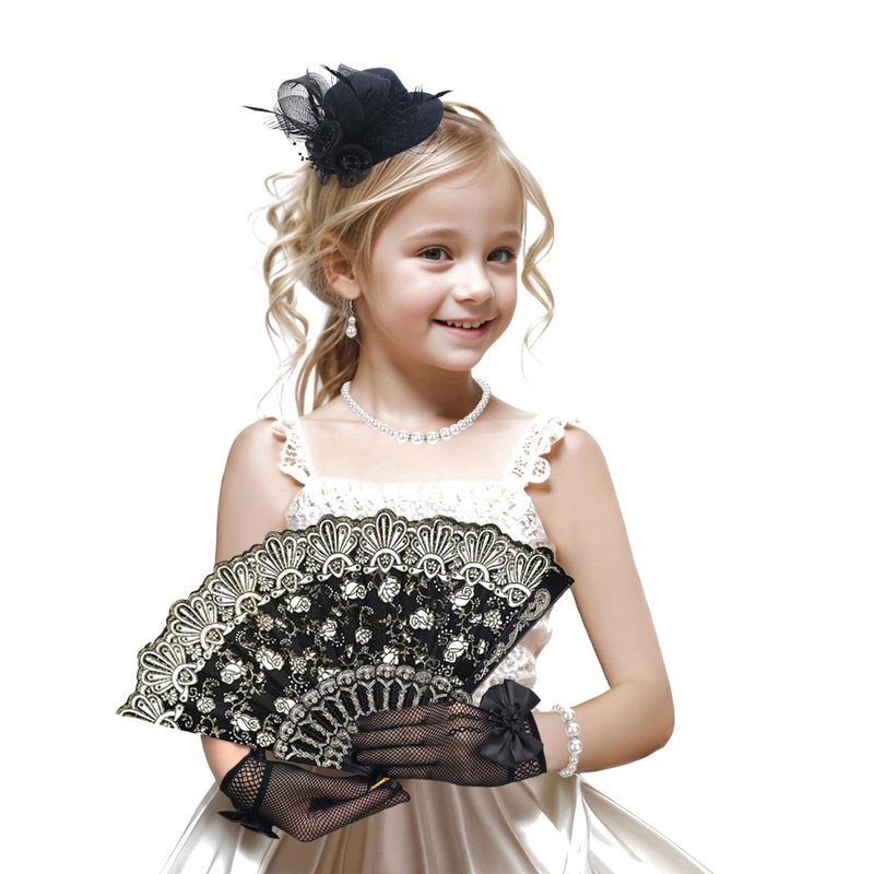 Zinniday Tea Party Fascinator Set Hat Set for Girls 1920s Costume Party Black High Tea Pary Church Top Hats with Pearl Necklace Earring Hand Fan and Lace Gloves Kit - Image 4