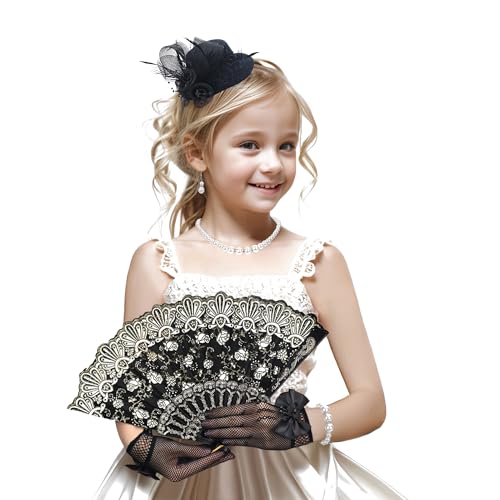 Zinniday Tea Party Fascinator Set Hat Set for Girls 1920s Costume Party Black High Tea Pary Church Top Hats with Pearl Necklace Earring Hand Fan and Lace Gloves Kit - Image 1