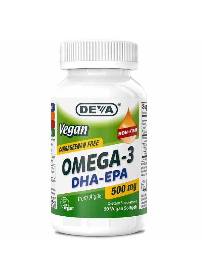 Deva Vegan Omega-3 DHA EPA Supplement - Once-Per-Day Softgel 500 MG - Carrageenan Free - Gelatin Free - Non-Fish - Algae Oil Omega-3 Fatty Acids - 60 Softgels  - Image 1