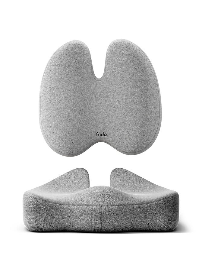 Frido Ultimate Pro Seat Cushion & Posture Corrector Backrest Cushion Combo, Relieves Back, Coccyx Pain, Hi-Per Foam Tech for Orthopedic Support, for Long Sitting Hours on Office/Home Chair, Grey - Image 1